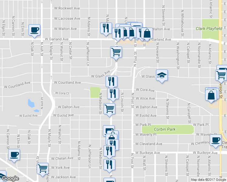map of restaurants, bars, coffee shops, grocery stores, and more near 3320 North Monroe Street in Spokane