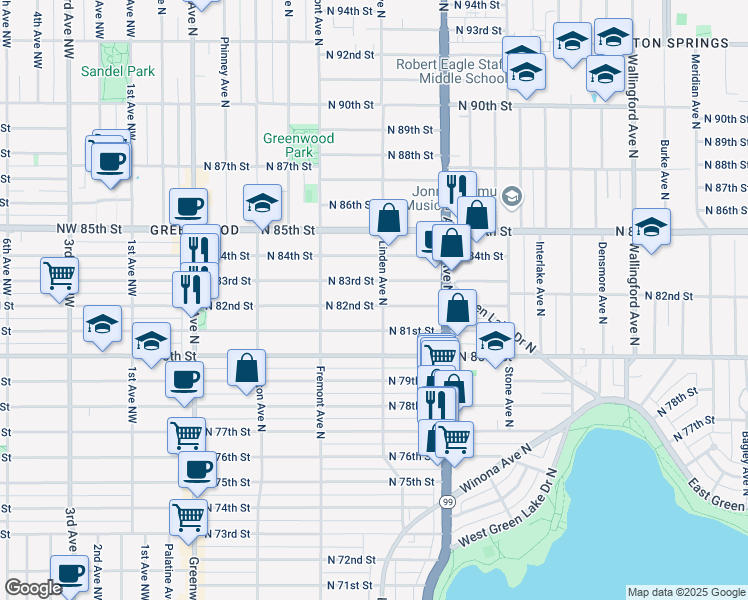 map of restaurants, bars, coffee shops, grocery stores, and more near 756 North 81st Street in Seattle