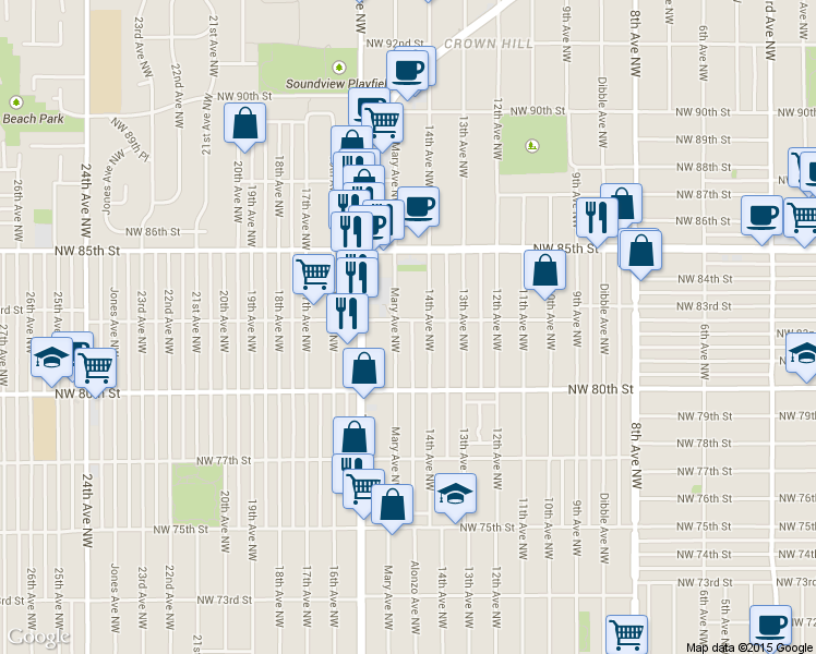 map of restaurants, bars, coffee shops, grocery stores, and more near 1417 Northwest 83rd Street in Seattle