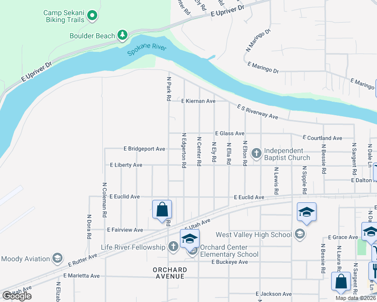 map of restaurants, bars, coffee shops, grocery stores, and more near 7621 East Liberty Avenue in Spokane Valley