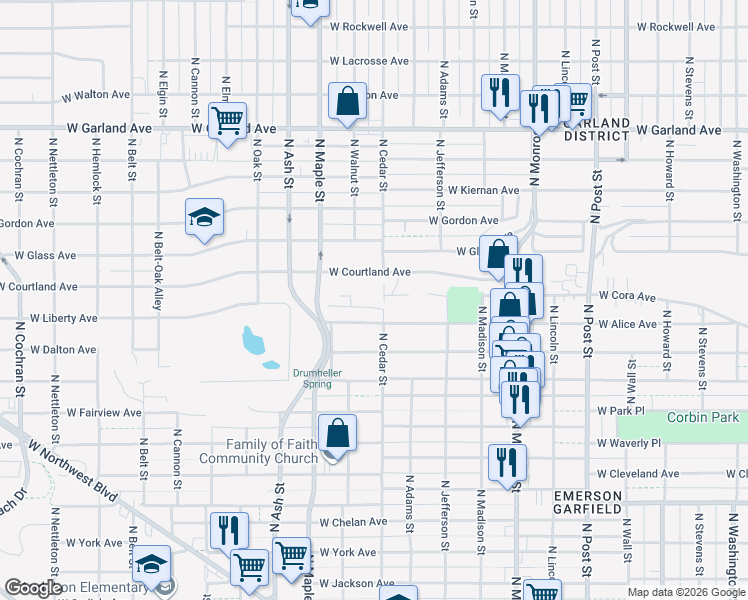map of restaurants, bars, coffee shops, grocery stores, and more near 1424 West Alice Avenue in Spokane