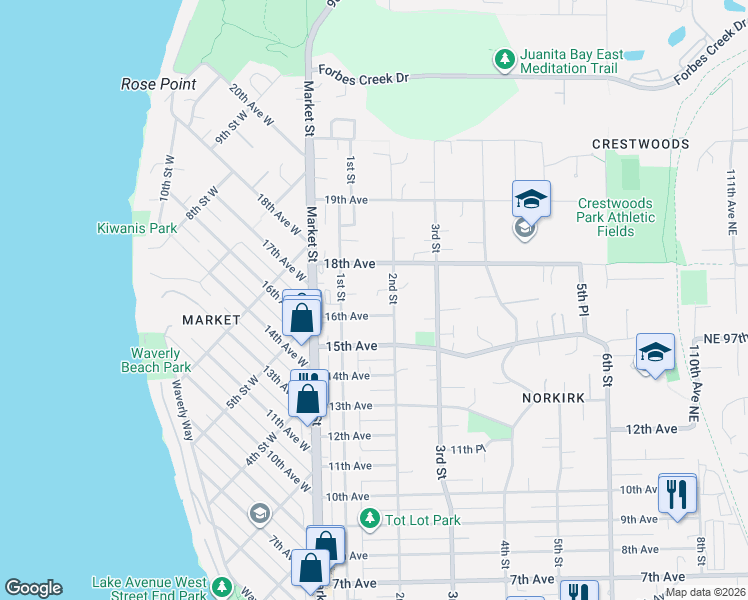 map of restaurants, bars, coffee shops, grocery stores, and more near 1623 2nd Street in Kirkland