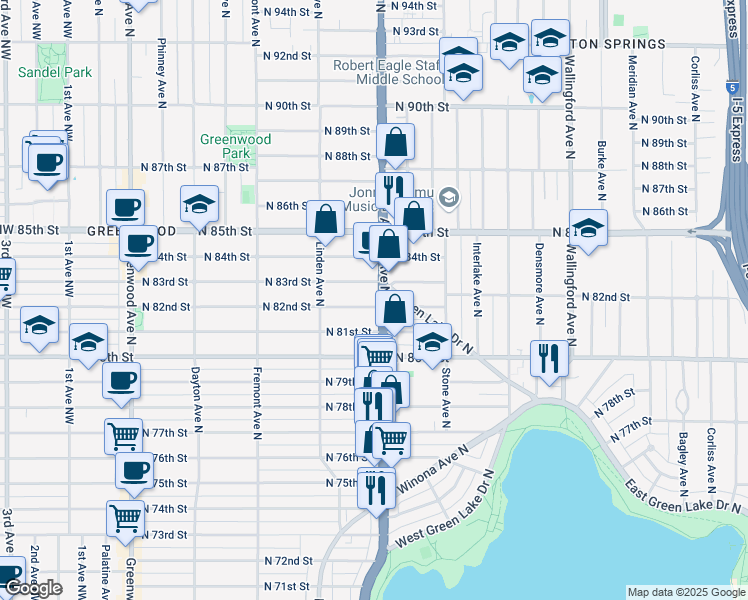map of restaurants, bars, coffee shops, grocery stores, and more near 8110 Aurora Avenue North in Seattle