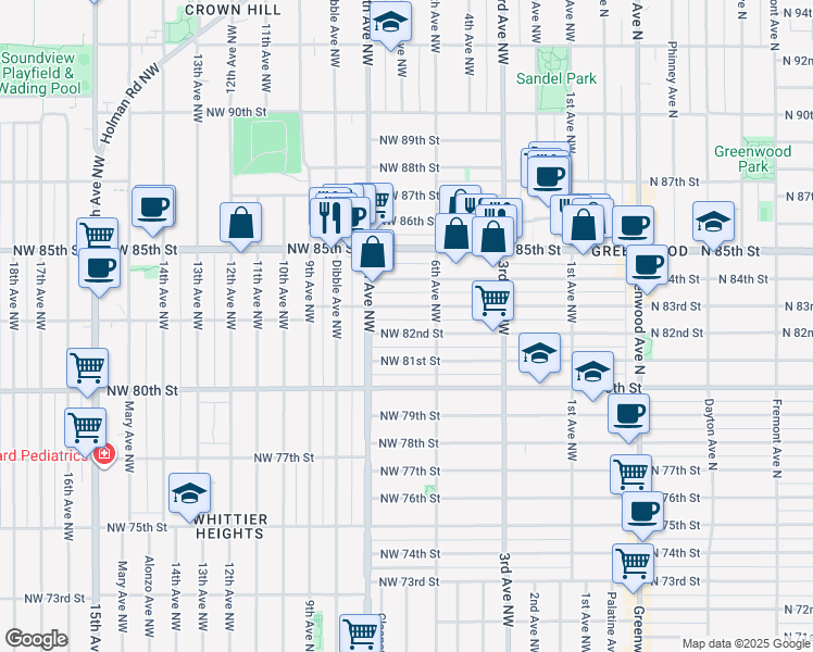 map of restaurants, bars, coffee shops, grocery stores, and more near 616 Northwest 81st Street in Seattle