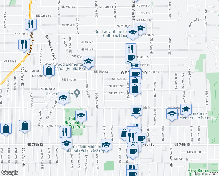 map of restaurants, bars, coffee shops, grocery stores, and more near 3133 Northeast 82nd Street in Seattle