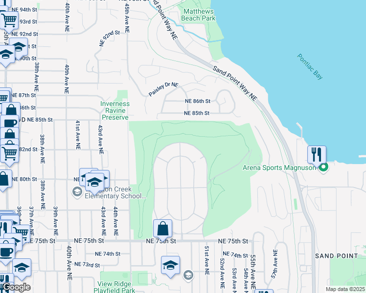 map of restaurants, bars, coffee shops, grocery stores, and more near 8060 Ridge Drive Northeast in Seattle