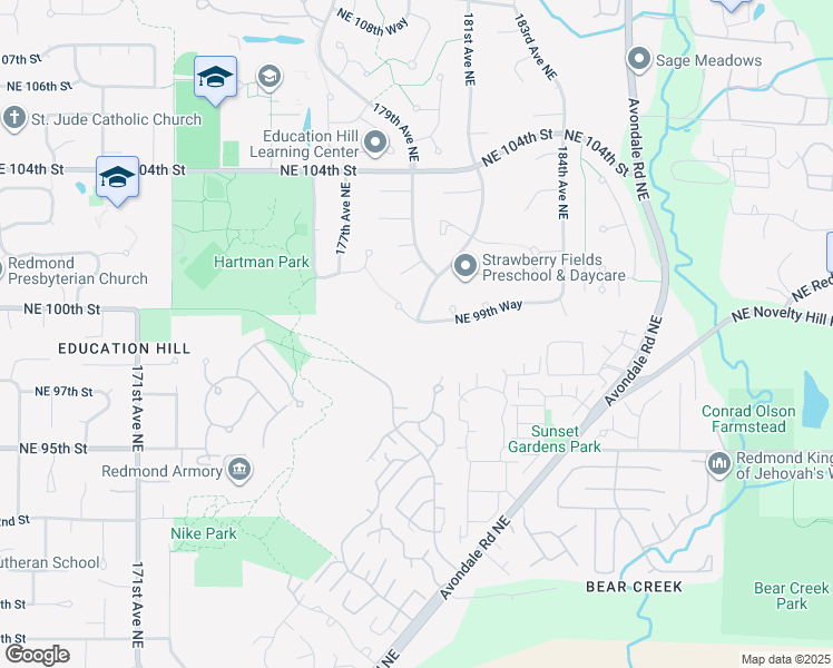 map of restaurants, bars, coffee shops, grocery stores, and more near 18115 Northeast 99th Way in Redmond