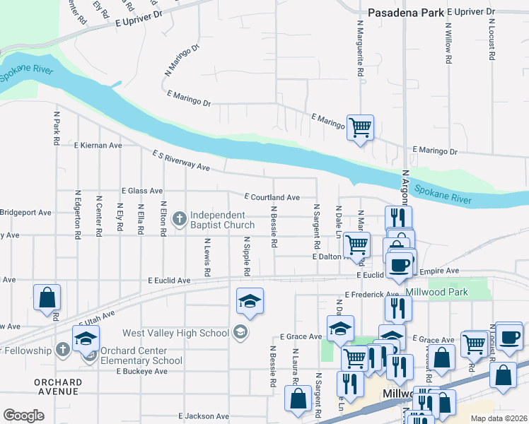 map of restaurants, bars, coffee shops, grocery stores, and more near 8423 East Liberty Avenue in Millwood