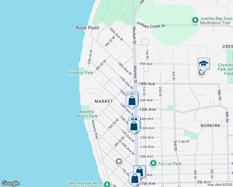 map of restaurants, bars, coffee shops, grocery stores, and more near 604 14th Avenue West in Kirkland