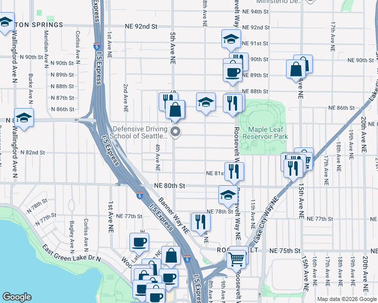 map of restaurants, bars, coffee shops, grocery stores, and more near 521 Northeast 82nd Street in Seattle