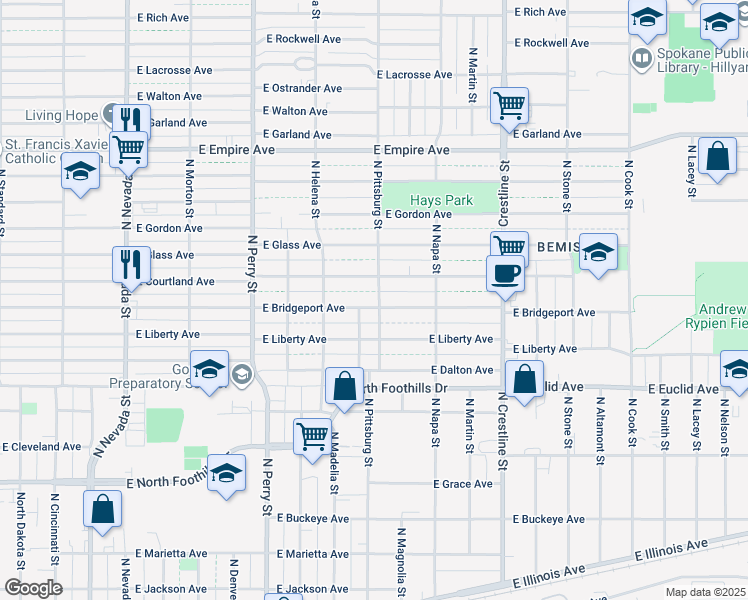 map of restaurants, bars, coffee shops, grocery stores, and more near 1723 Liberty Avenue in Spokane