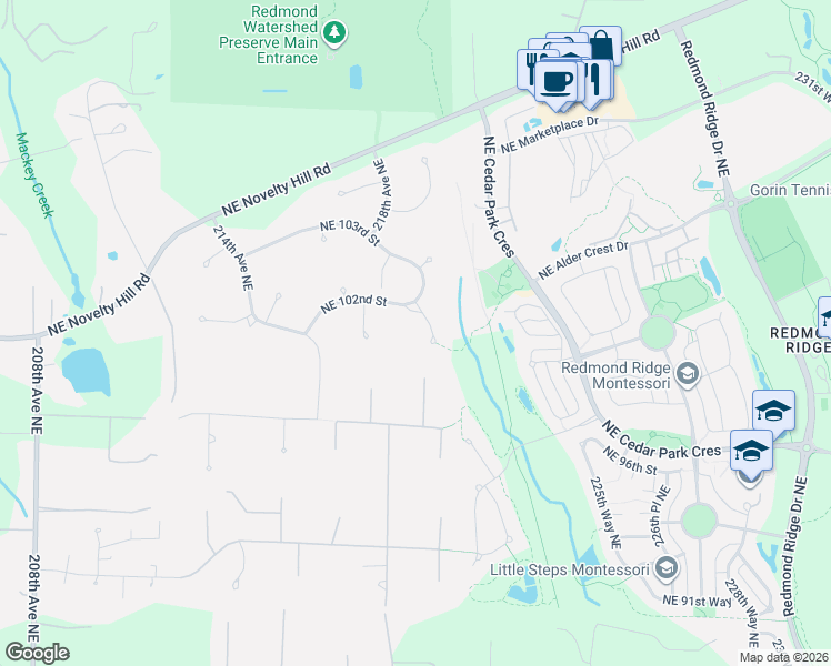 map of restaurants, bars, coffee shops, grocery stores, and more near 10125 219th Place Northeast in Redmond