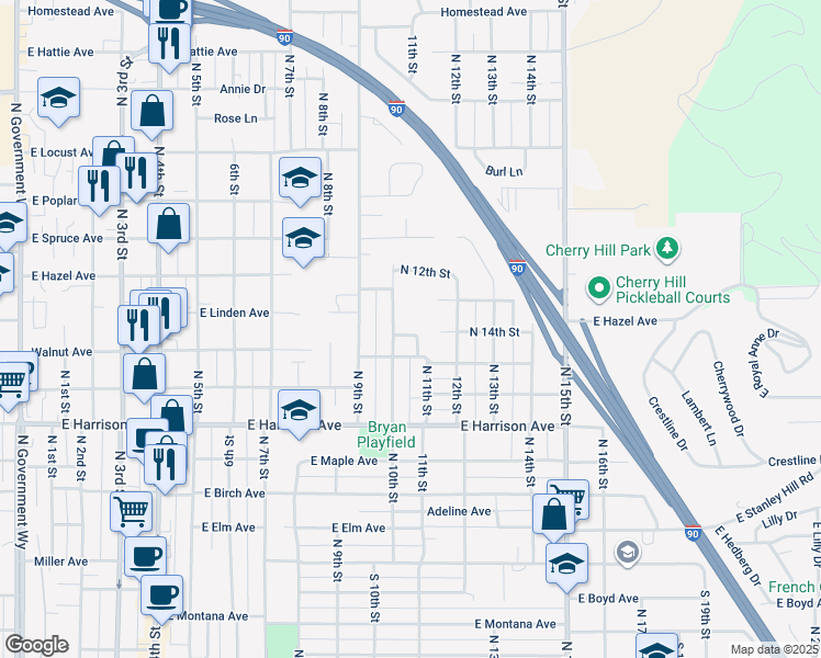 map of restaurants, bars, coffee shops, grocery stores, and more near 1009 East Norlyn Court in Coeur d'Alene