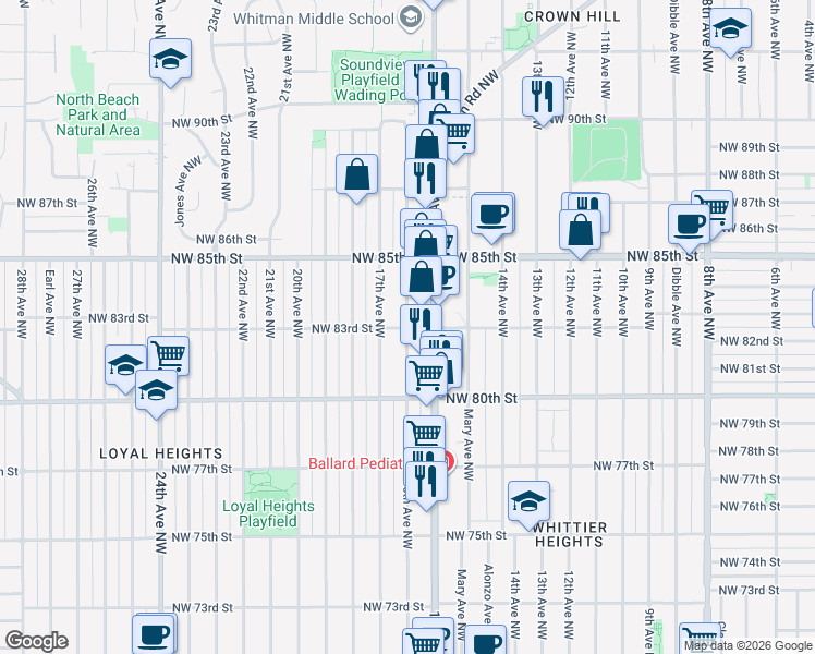 map of restaurants, bars, coffee shops, grocery stores, and more near 1598 NW 83rd St in Seattle