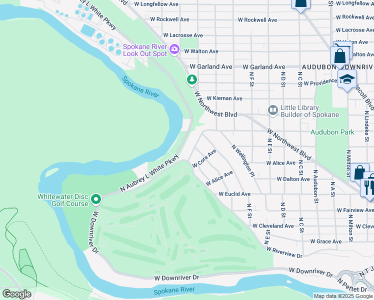 map of restaurants, bars, coffee shops, grocery stores, and more near 3407 North Columbia Circle in Spokane