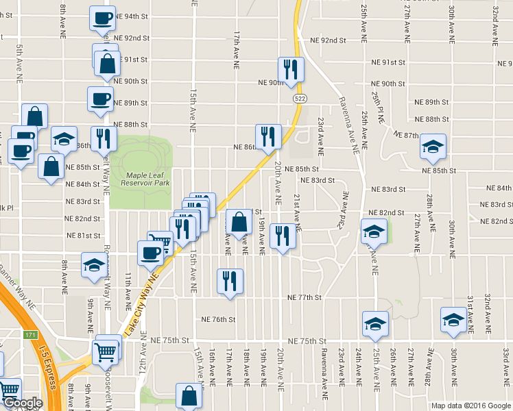 map of restaurants, bars, coffee shops, grocery stores, and more near 8205 19th Avenue Northeast in Seattle