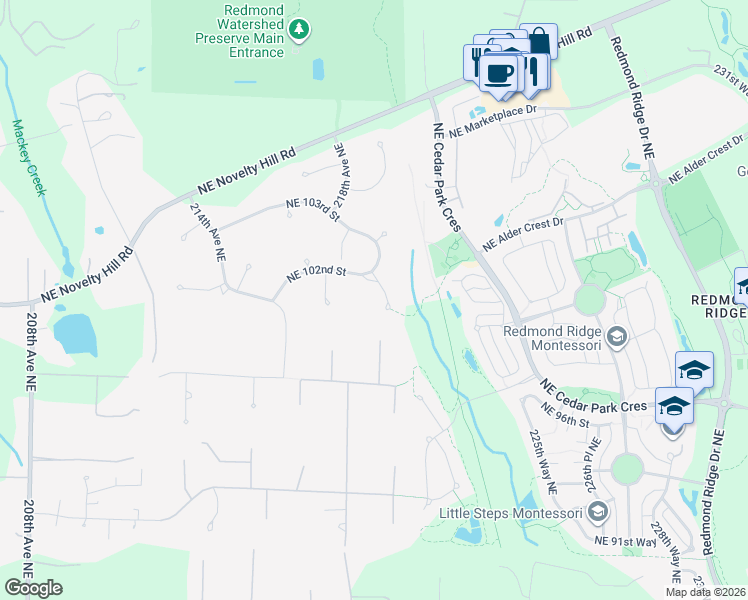 map of restaurants, bars, coffee shops, grocery stores, and more near 10125 219th Place Northeast in Redmond