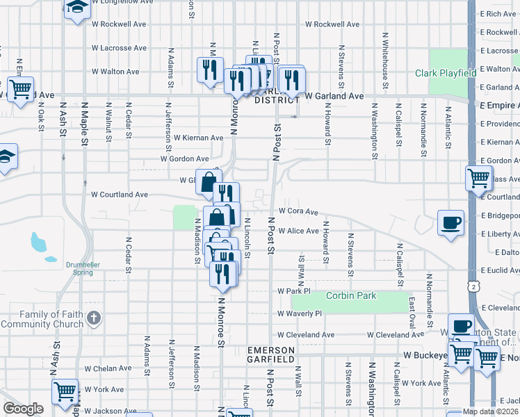 map of restaurants, bars, coffee shops, grocery stores, and more near in Spokane