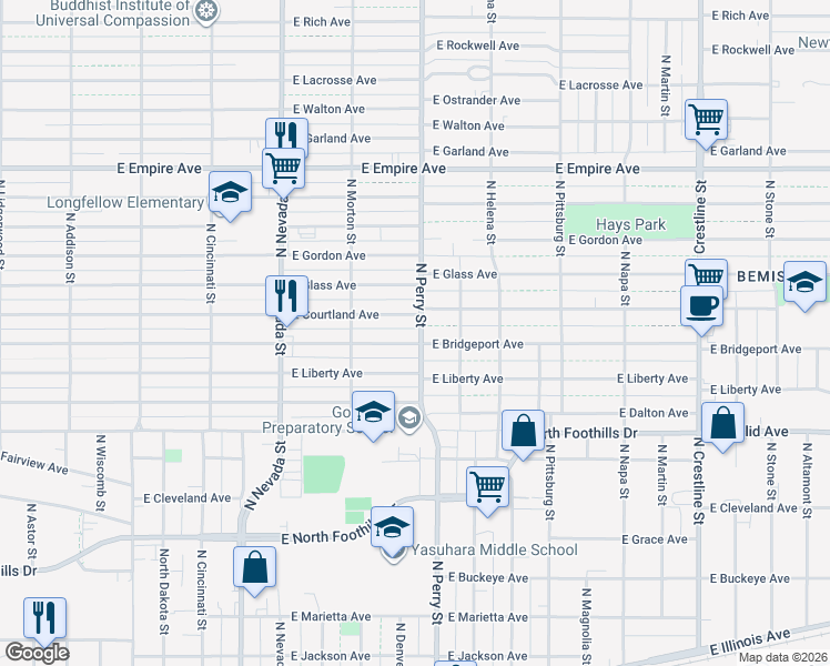 map of restaurants, bars, coffee shops, grocery stores, and more near 1327 East Courtland Avenue in Spokane