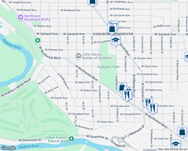 map of restaurants, bars, coffee shops, grocery stores, and more near 3418 North C Street in Spokane