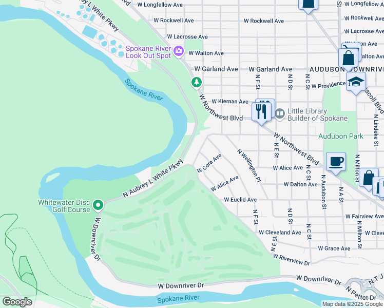 map of restaurants, bars, coffee shops, grocery stores, and more near 3407 North Columbia Circle in Spokane