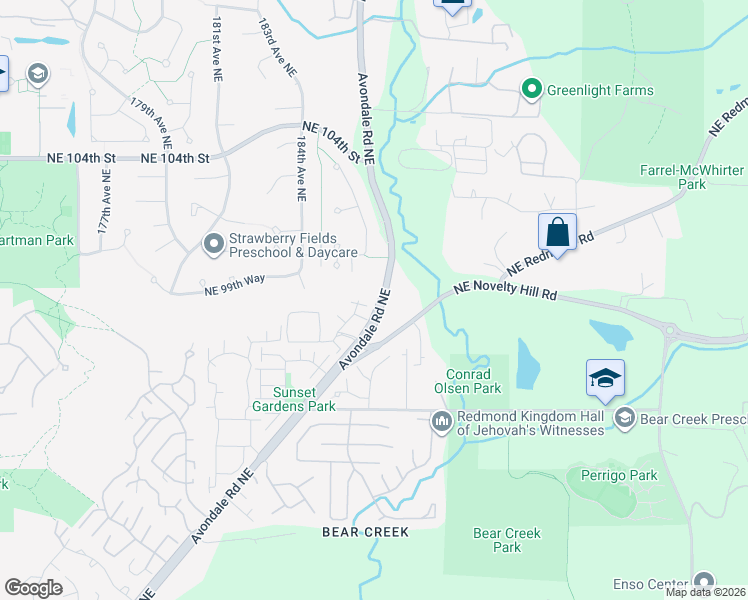 map of restaurants, bars, coffee shops, grocery stores, and more near 18619 Northeast 100th Court in Redmond