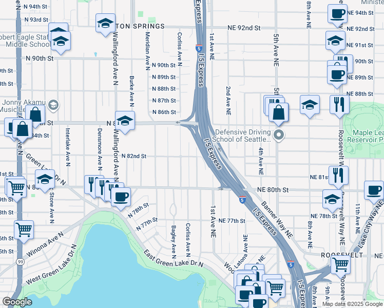 map of restaurants, bars, coffee shops, grocery stores, and more near 8223 Sunnyside Avenue North in Seattle