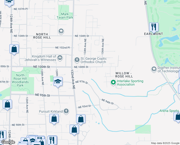 map of restaurants, bars, coffee shops, grocery stores, and more near 13405 Northeast 100th Street in Kirkland