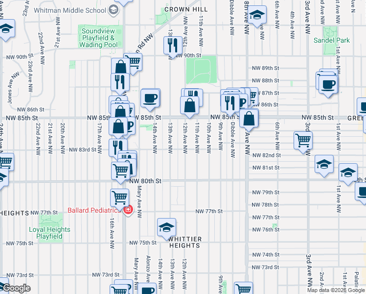 map of restaurants, bars, coffee shops, grocery stores, and more near 8323 12th Avenue Northwest in Seattle