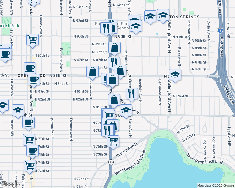 map of restaurants, bars, coffee shops, grocery stores, and more near 8228 Green Lake Drive North in Seattle