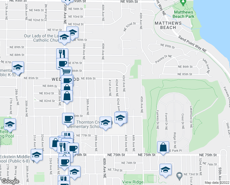 map of restaurants, bars, coffee shops, grocery stores, and more near 8238 42nd Avenue Northeast in Seattle