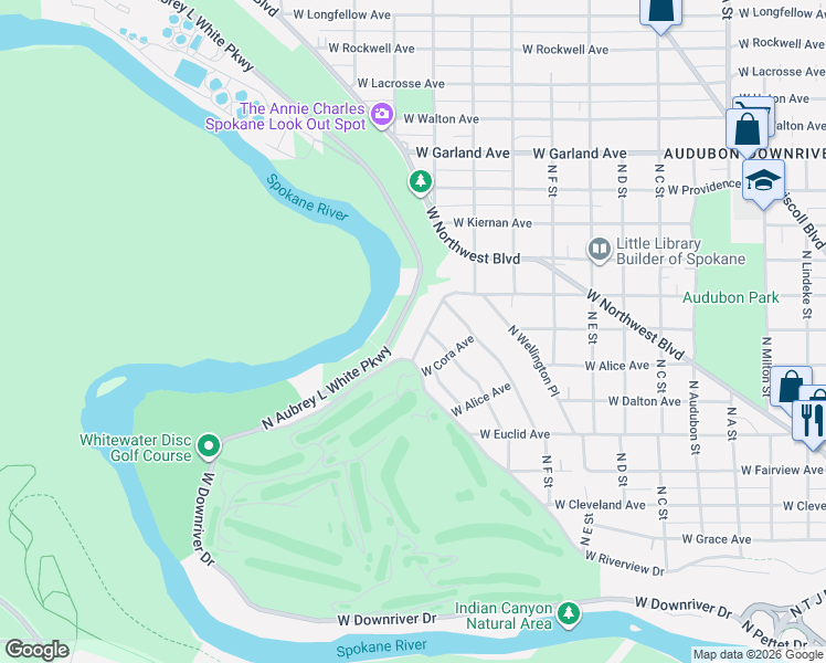 map of restaurants, bars, coffee shops, grocery stores, and more near 3407 North Columbia Circle in Spokane