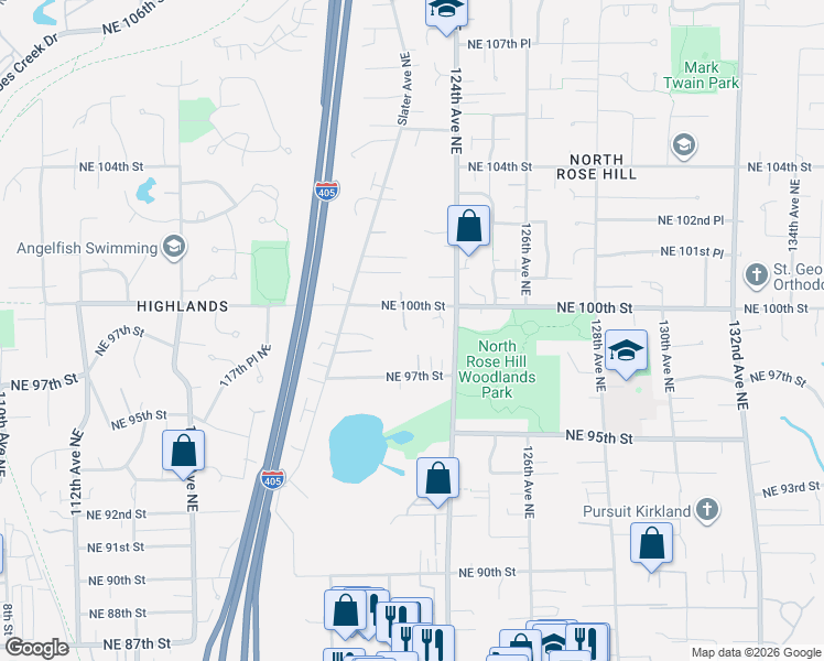 map of restaurants, bars, coffee shops, grocery stores, and more near 12065 Northeast 100th Street in Kirkland