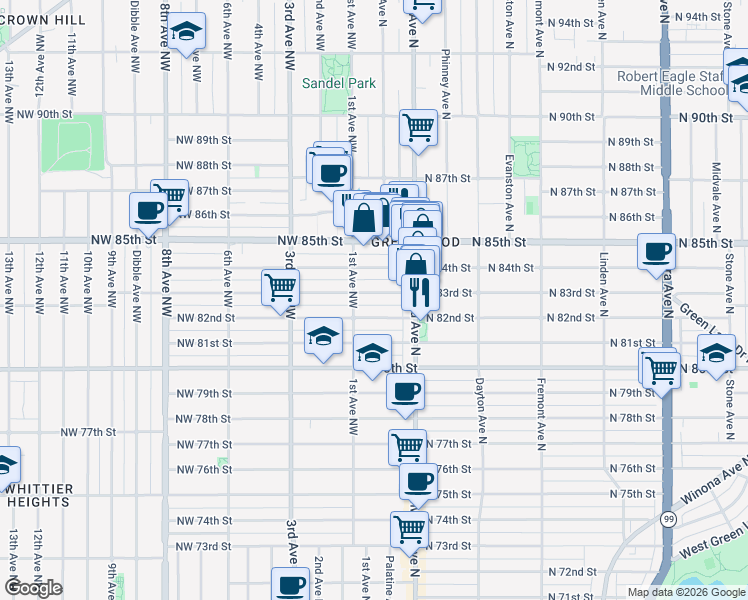map of restaurants, bars, coffee shops, grocery stores, and more near 133 North 84th Street in Seattle