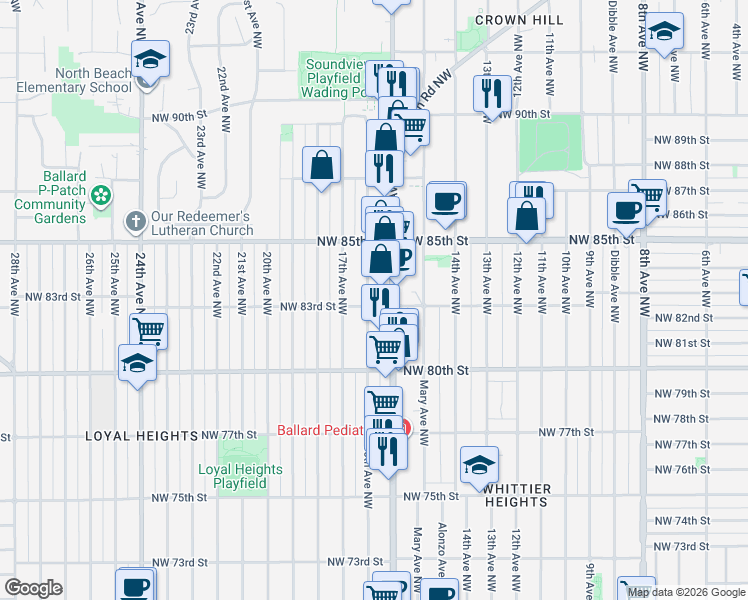 map of restaurants, bars, coffee shops, grocery stores, and more near 8322 16th Avenue Northwest in Seattle