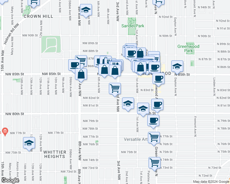 map of restaurants, bars, coffee shops, grocery stores, and more near 307 Northwest 83rd Street in Seattle