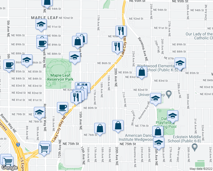 map of restaurants, bars, coffee shops, grocery stores, and more near 8215 19th Avenue Northeast in Seattle