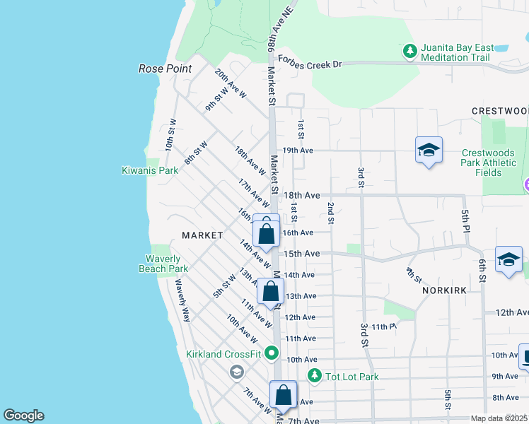 map of restaurants, bars, coffee shops, grocery stores, and more near 1620 6th Street West in Kirkland