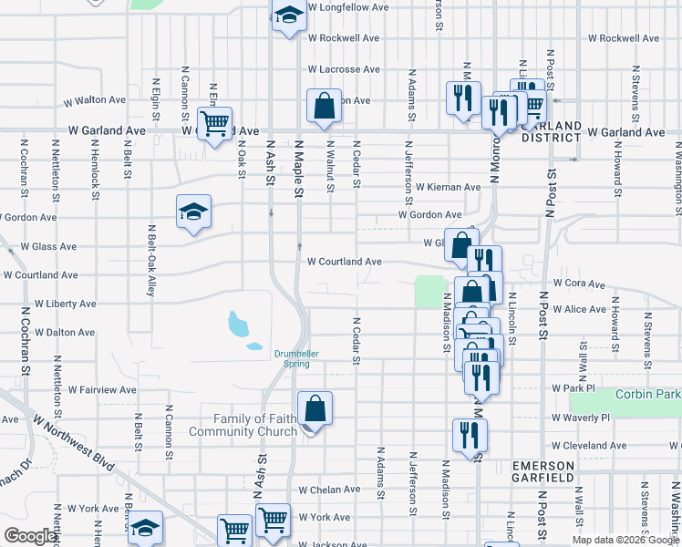 map of restaurants, bars, coffee shops, grocery stores, and more near 1424 West Courtland Avenue in Spokane