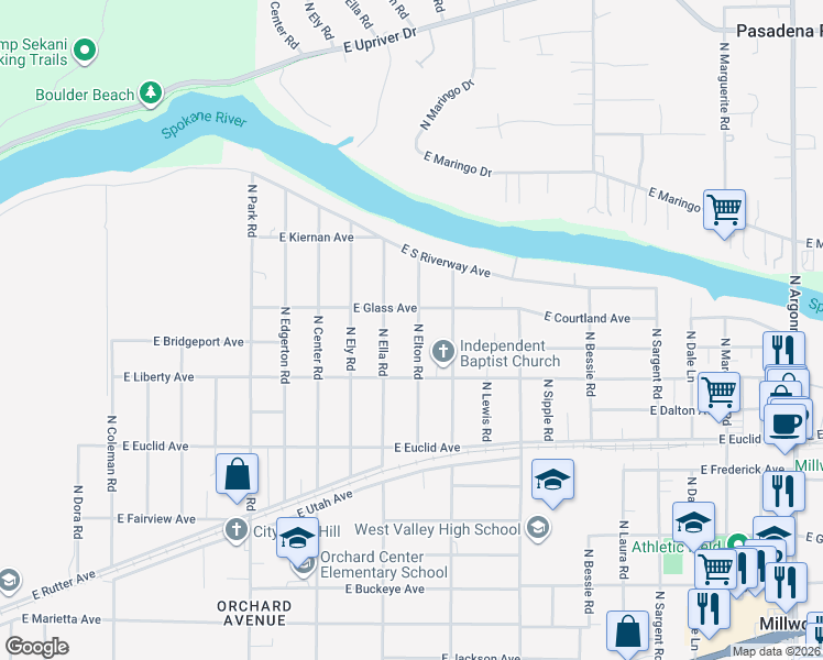 map of restaurants, bars, coffee shops, grocery stores, and more near 8004 East Glass Avenue in Spokane Valley