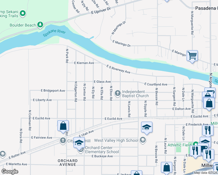 map of restaurants, bars, coffee shops, grocery stores, and more near 8004 East Glass Avenue in Spokane Valley