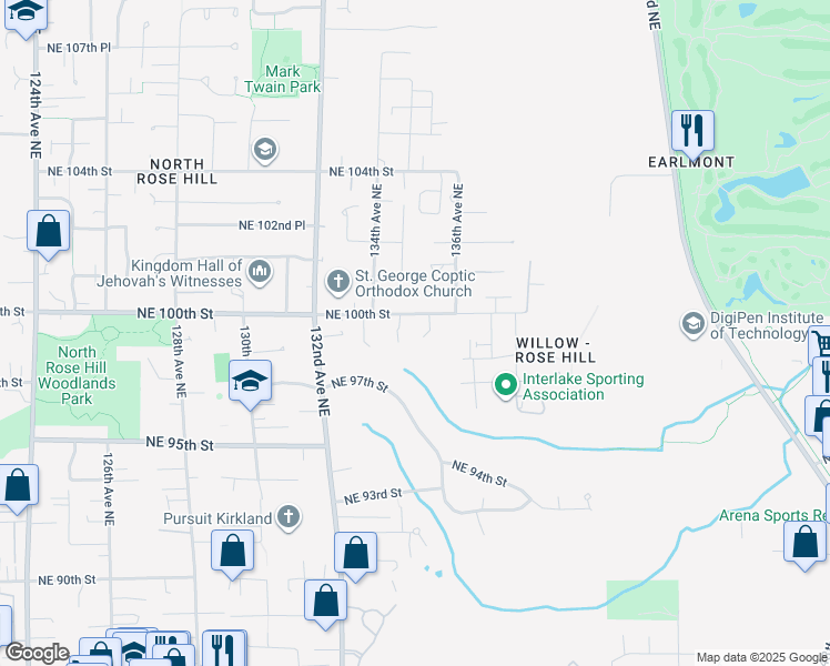 map of restaurants, bars, coffee shops, grocery stores, and more near 13405 Northeast 100th Street in Kirkland
