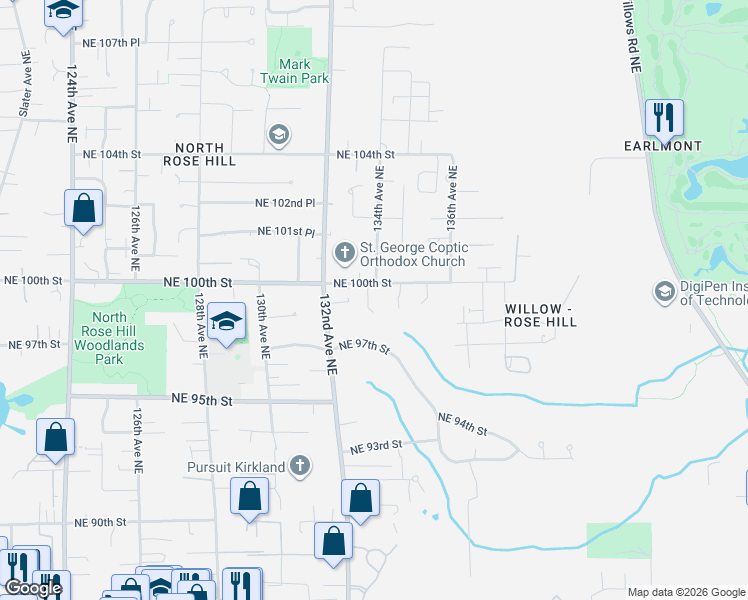 map of restaurants, bars, coffee shops, grocery stores, and more near 9988 133rd Avenue Northeast in Kirkland