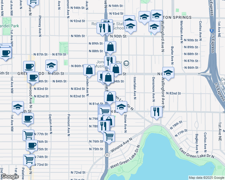 map of restaurants, bars, coffee shops, grocery stores, and more near 1133 North 84th Street in Seattle
