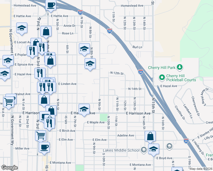 map of restaurants, bars, coffee shops, grocery stores, and more near 1507 North 10th Street in Coeur d'Alene