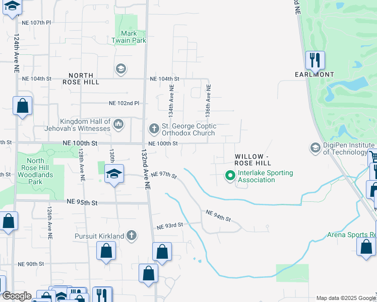 map of restaurants, bars, coffee shops, grocery stores, and more near 13405 Northeast 100th Street in Kirkland