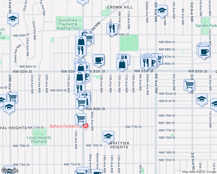 map of restaurants, bars, coffee shops, grocery stores, and more near 8327 13th Avenue Northwest in Seattle
