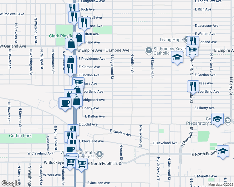 map of restaurants, bars, coffee shops, grocery stores, and more near 314 East Courtland Avenue in Spokane
