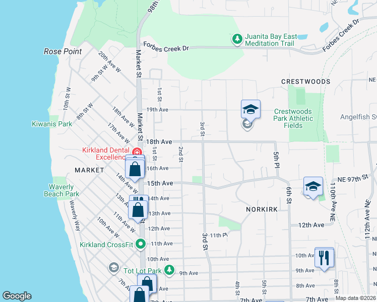 map of restaurants, bars, coffee shops, grocery stores, and more near 141 18th Avenue in Kirkland