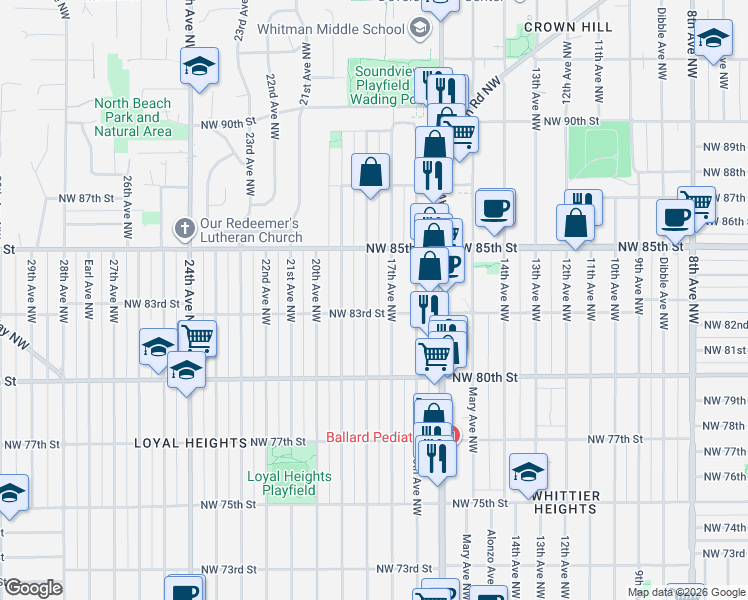 map of restaurants, bars, coffee shops, grocery stores, and more near 8321 17th Avenue Northwest in Seattle
